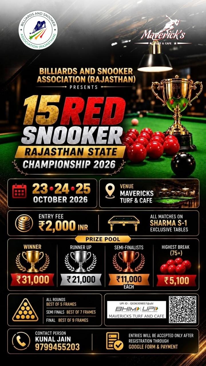 15RED SNOOKER RAJASTHAN STATE CHAMPIONSHIP 2026